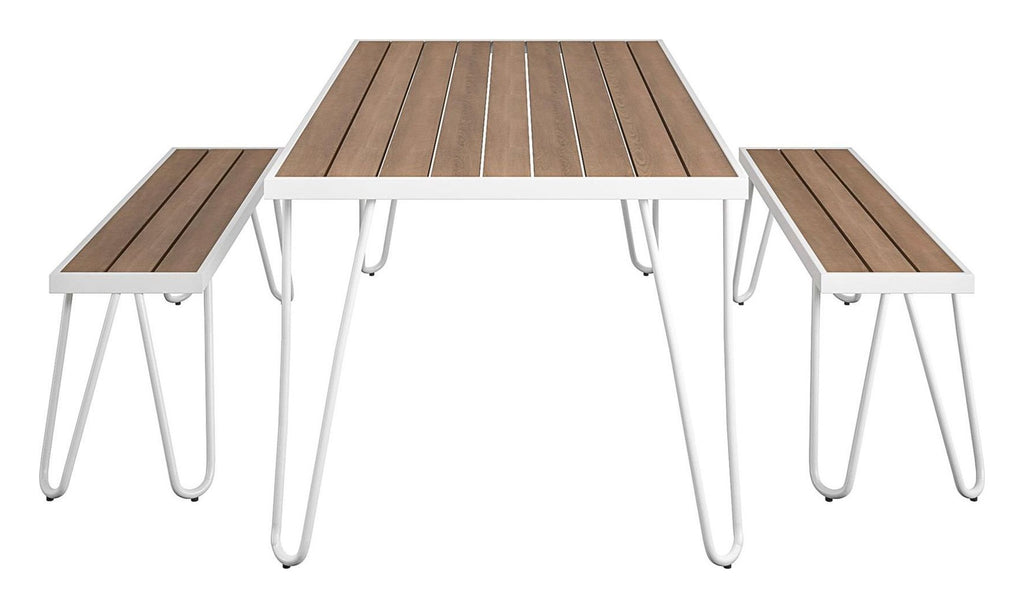Paulette Outdoor/Indoor 5' Table And Bench Set- Metal Frame Resin Wood Effect Top