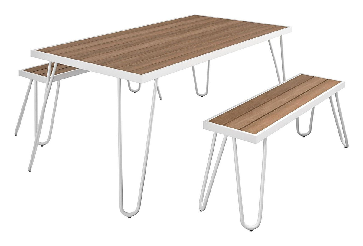 Paulette Outdoor/Indoor 5' Table And Bench Set- Metal Frame Resin Wood Effect Top, view 2