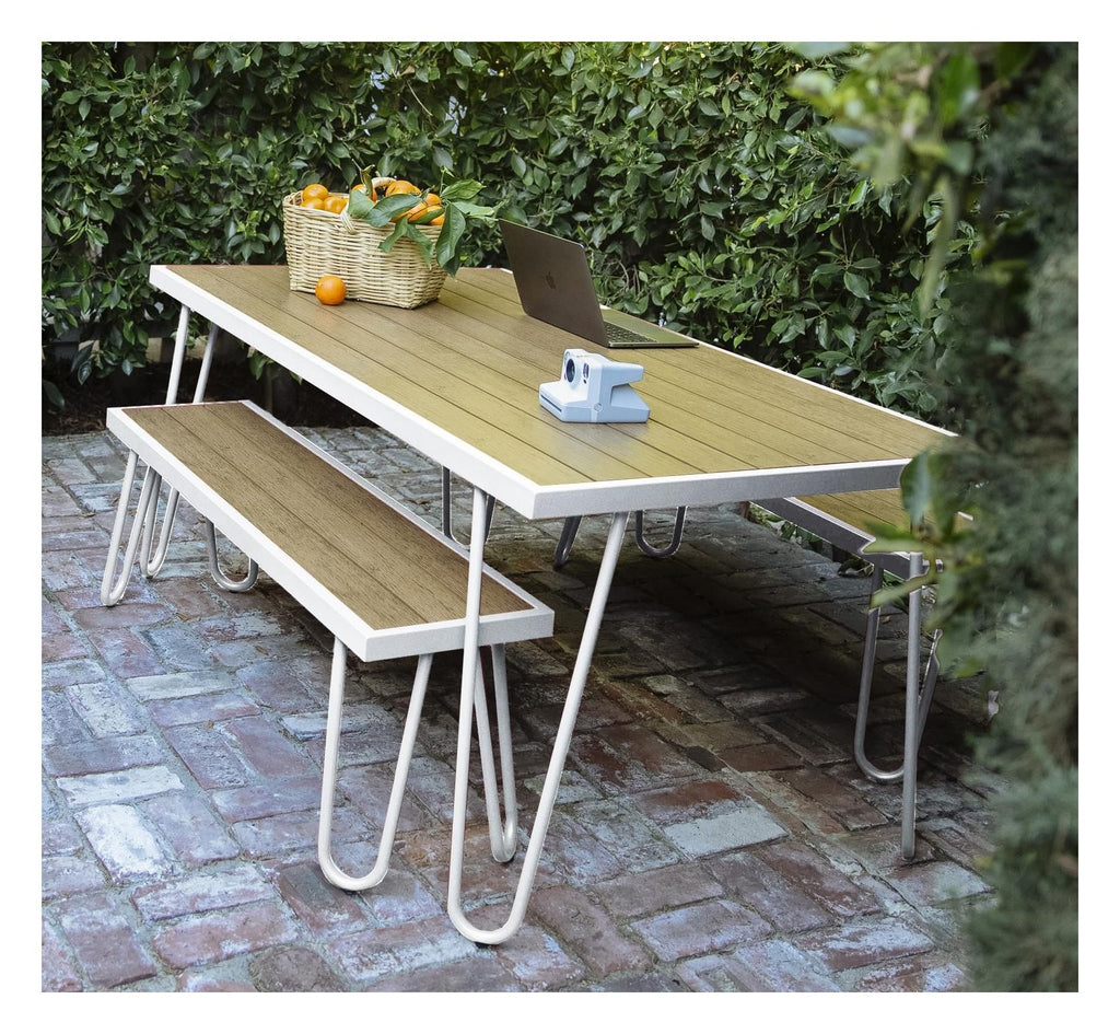 Paulette Outdoor/Indoor 5' Table And Bench Set- Metal Frame Resin Wood Effect Top, view 4