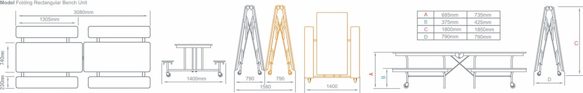 Rectangular Mobile Folding Bench Unit