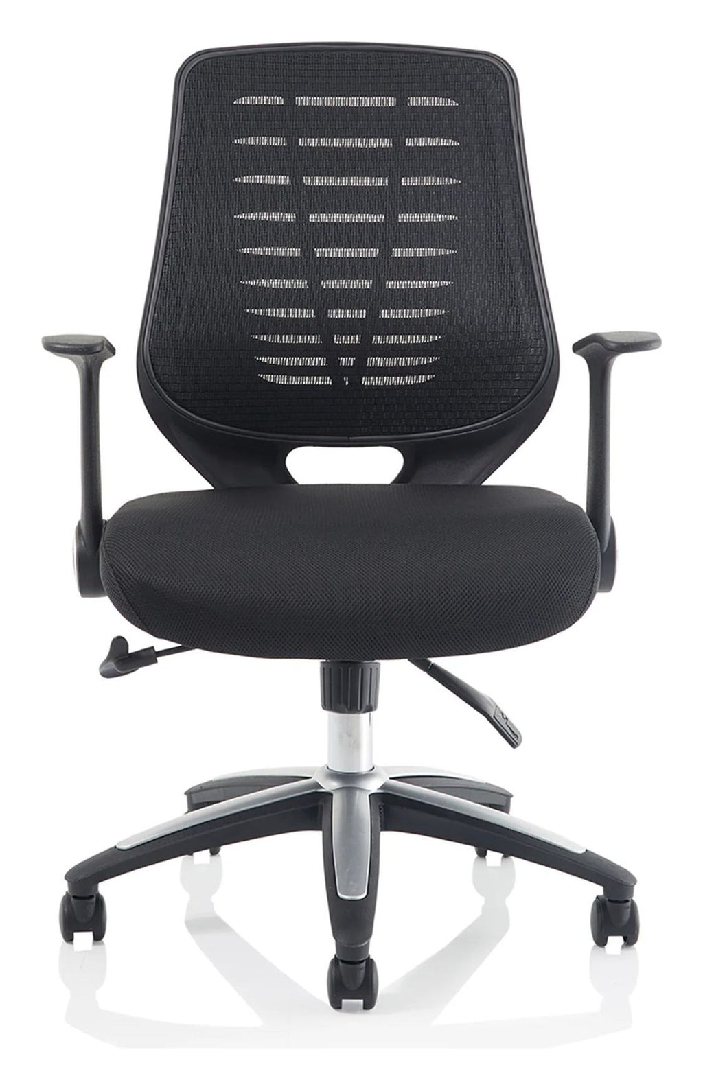 Relay Medium Mesh Back Task Operator Chair, black airmesh, black, folding arms, another view 1