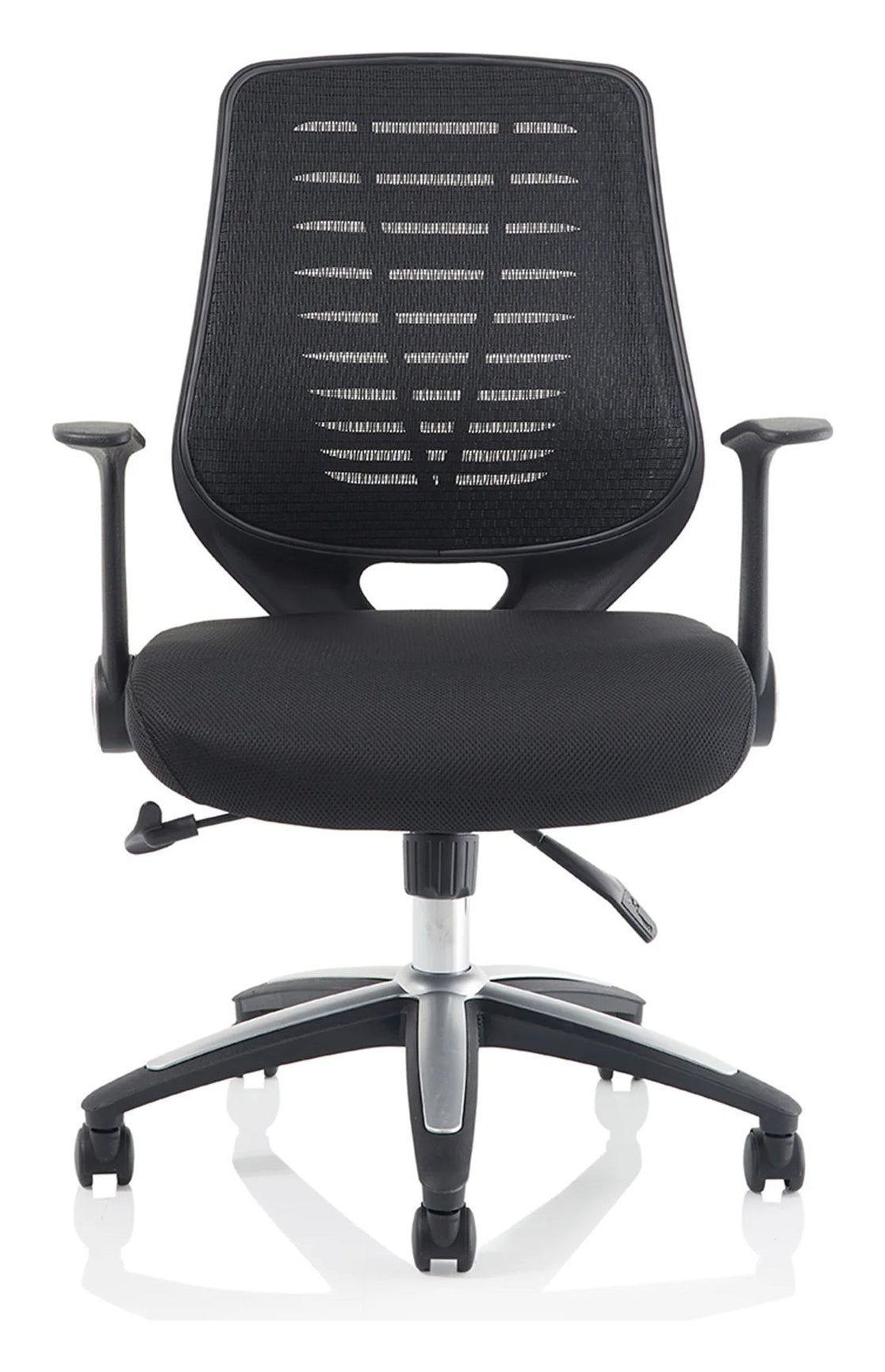 Relay Medium Mesh Back Task Operator Chair, black airmesh, black, folding arms, another view 1