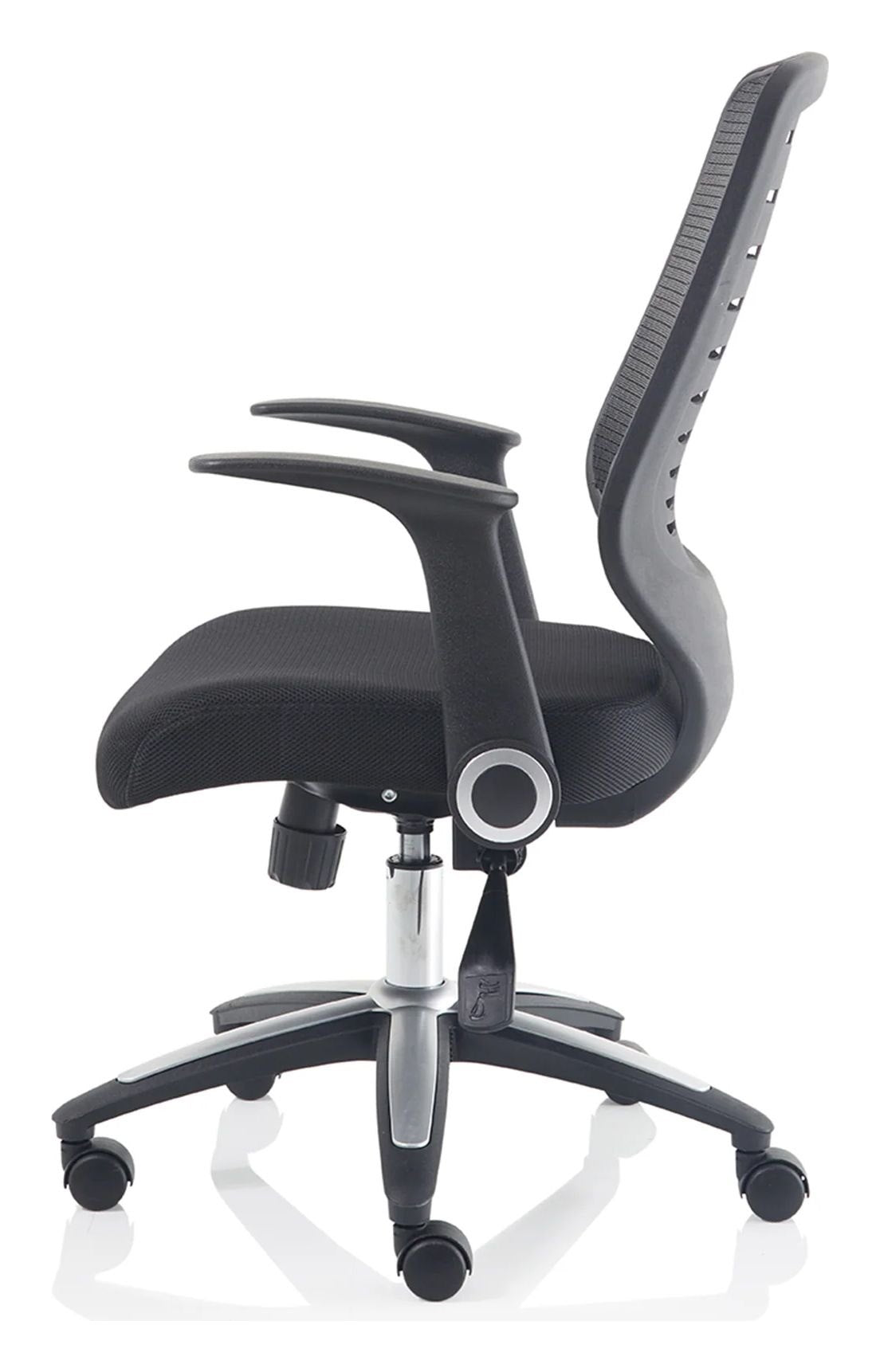 Relay Medium Mesh Back Task Operator Chair, black airmesh, black, folding arms, another view 3