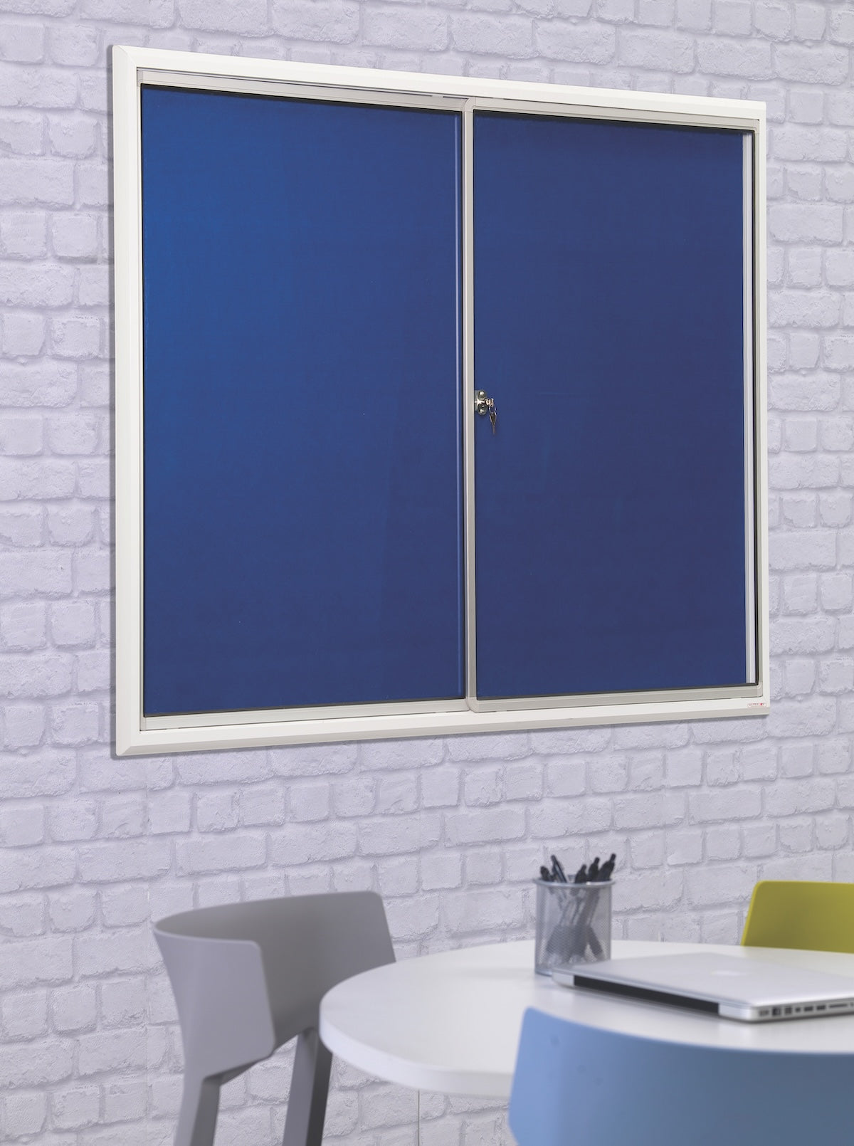 Safety Sliding Door Noticeboard in Blue