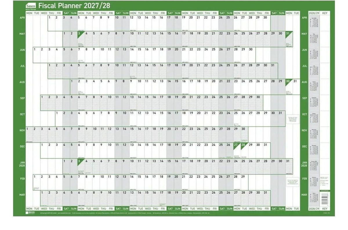 Sasco 2027/28 Fiscal Year Wall Planner, Board Mounted, Green