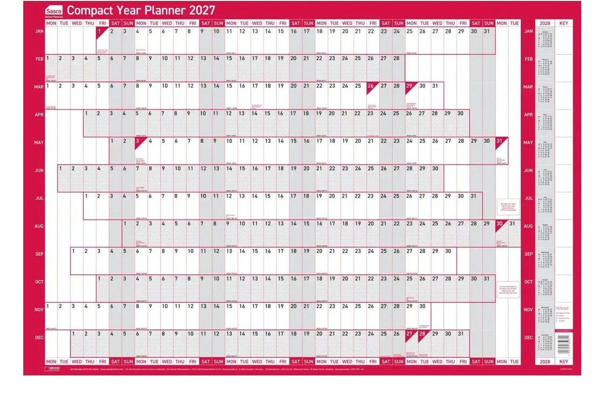 Sasco 2027 Compact Year Wall Planner Landscape, Poster Style, Red