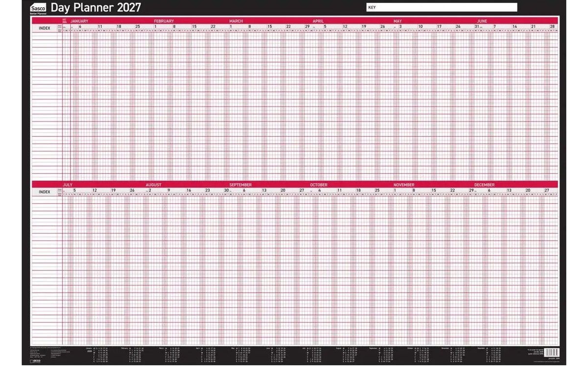 Sasco 2027 Day Wall Planner, Board Mounted, Black & Red