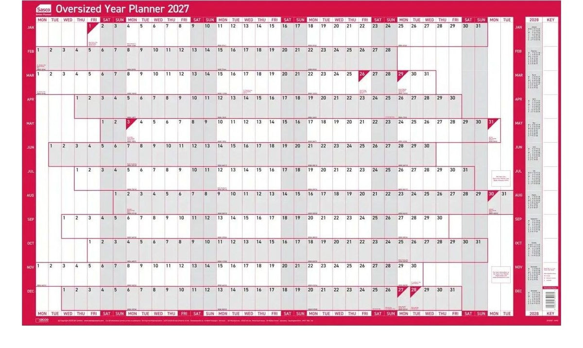 Sasco 2027 Oversized Year Wall Planner, Poster Style, Red