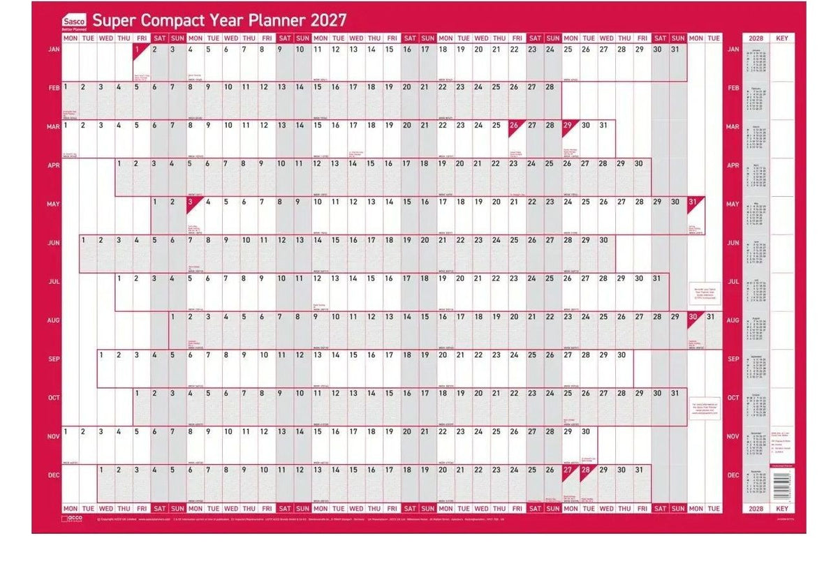 Sasco 2027 Super Compact Year Wall Planner, Poster Style, Red
