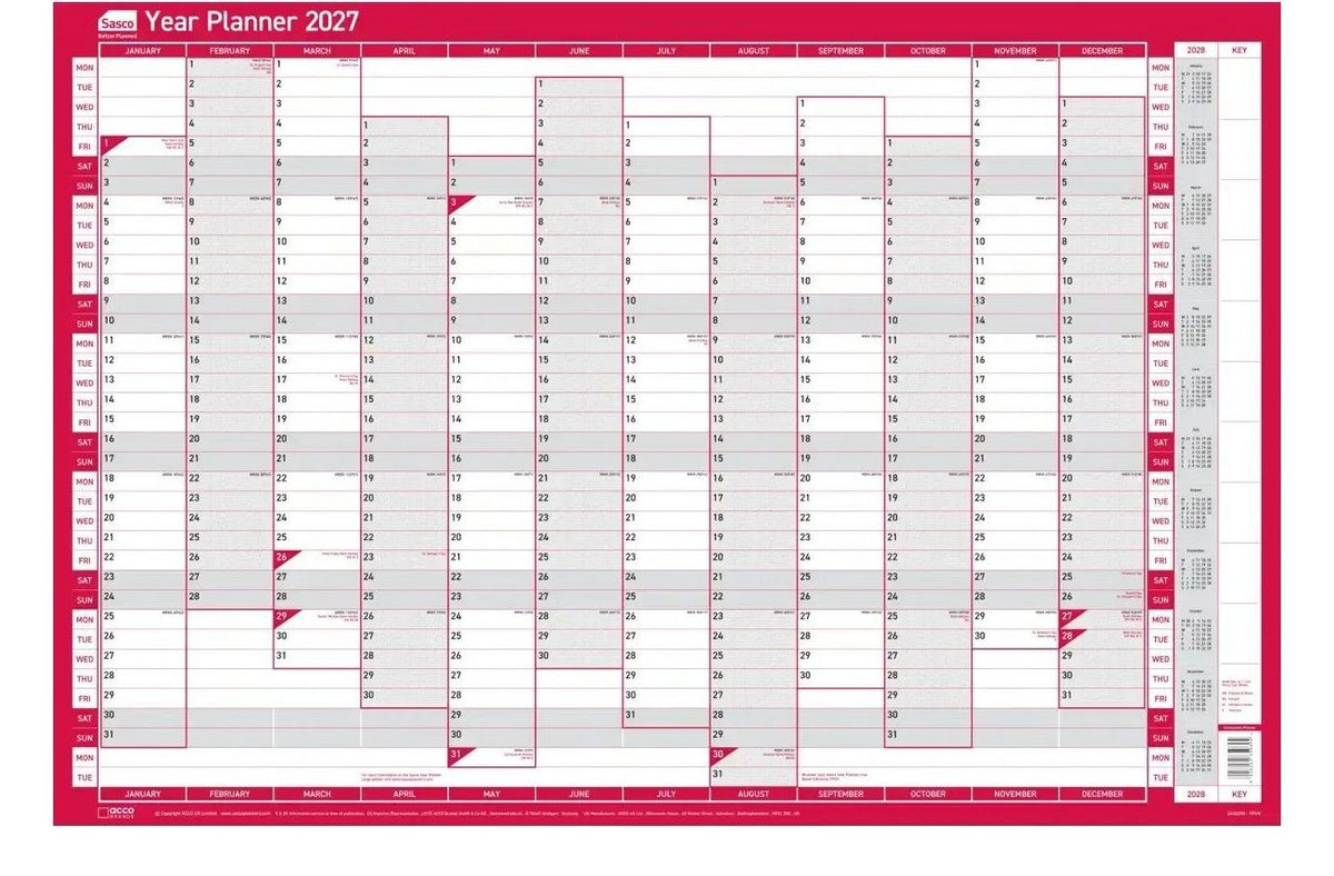 Sasco 2027 Vertical Year Wall Planner, Poster Style, Red