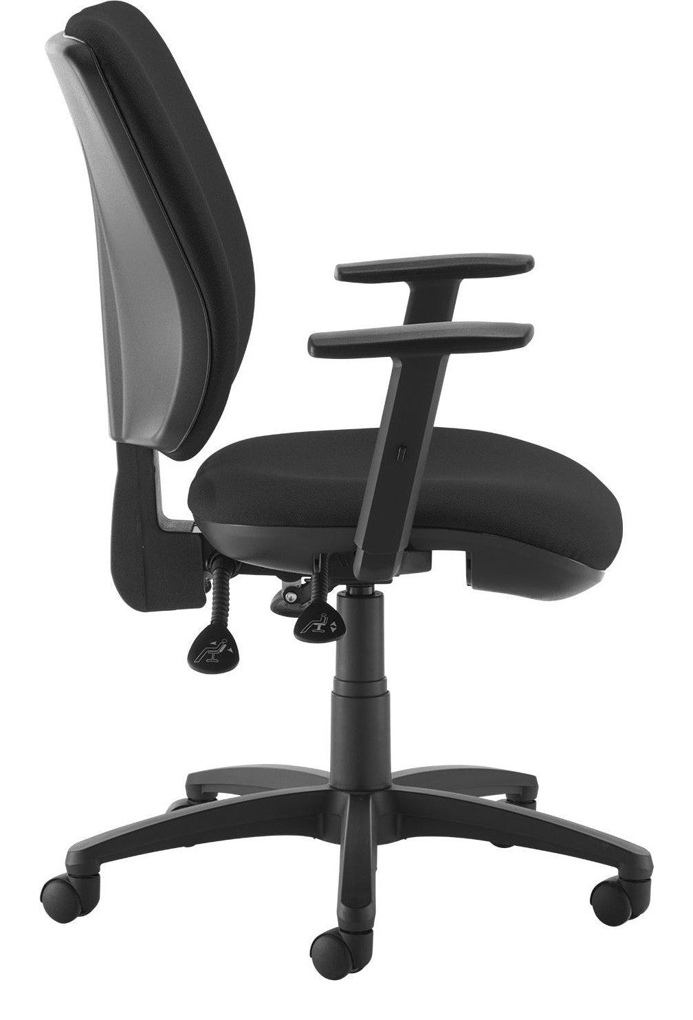 Senza Fabric Operator Chair in black, adjustable arms from the side