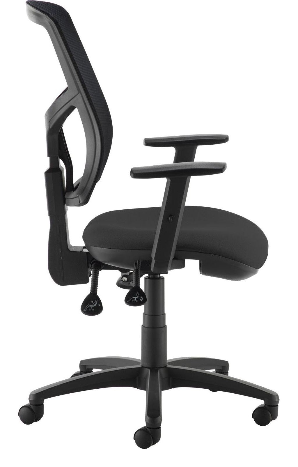 Senza Mesh Operator Chair in black, height adjustable arms from the side
