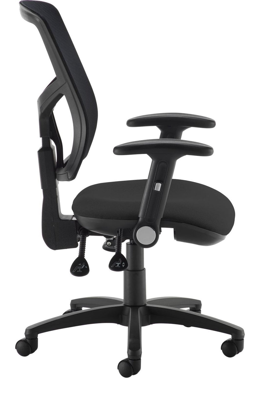 Senza Mesh Operator Chair in black, folding arms from the side