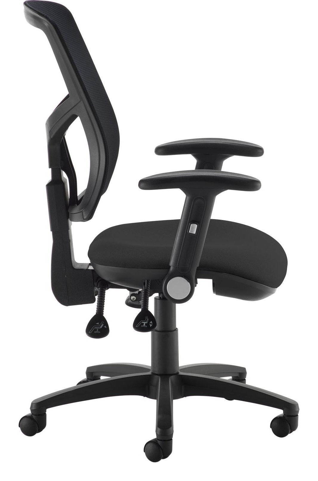 Senza Mesh Operator Chair in black, folding arms from the side