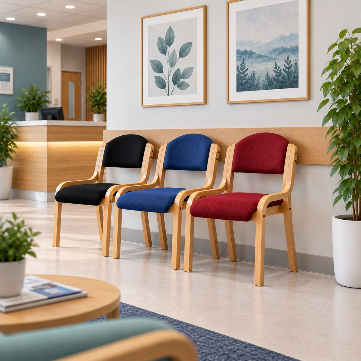 Tahara Fabric Reception Chairs in black, blue and wine in a reception area