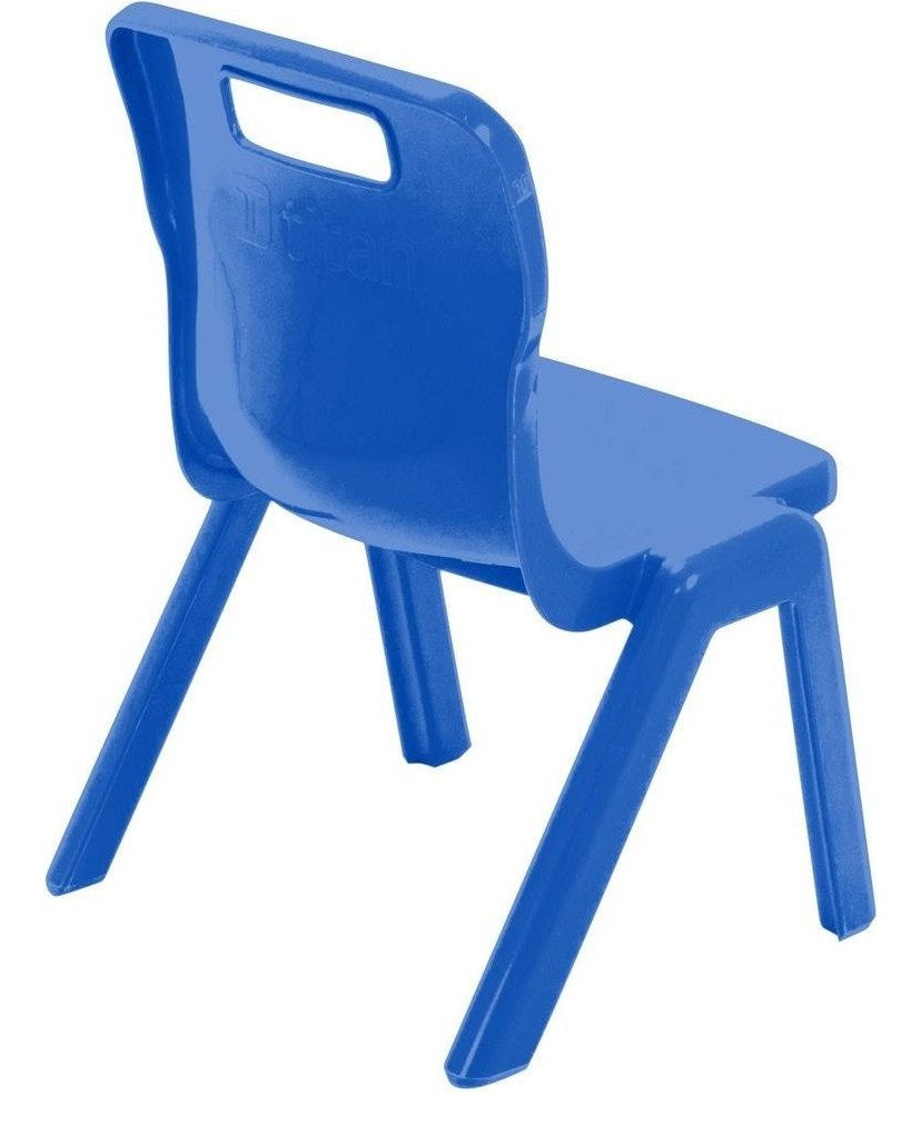Titan One Piece Chair in blue from the back at an angle