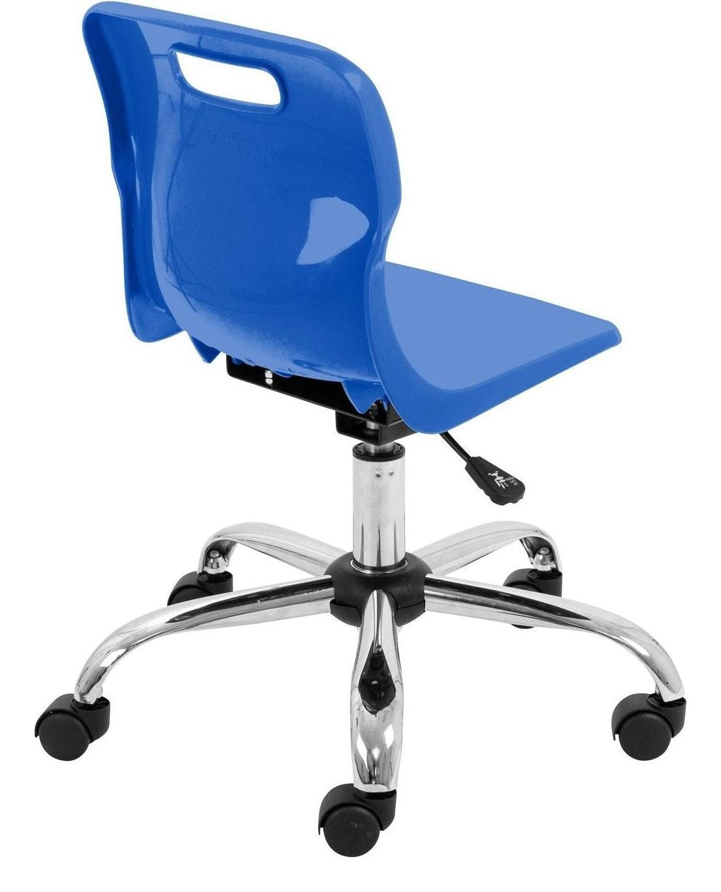 Titan Swivel Junior Chair with Chrome Base and Castors in blue from the back at an angle