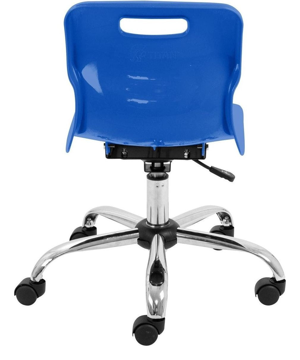 Titan Swivel Junior Chair with Chrome Base and Castors in blue from the back