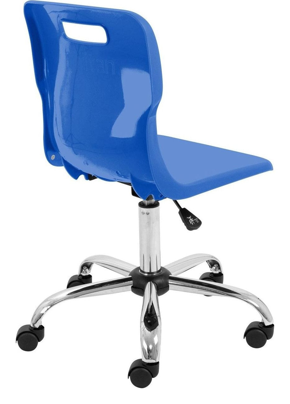 Titan Swivel Senior Chair with Chrome Base and Castors in black from the back at an angle