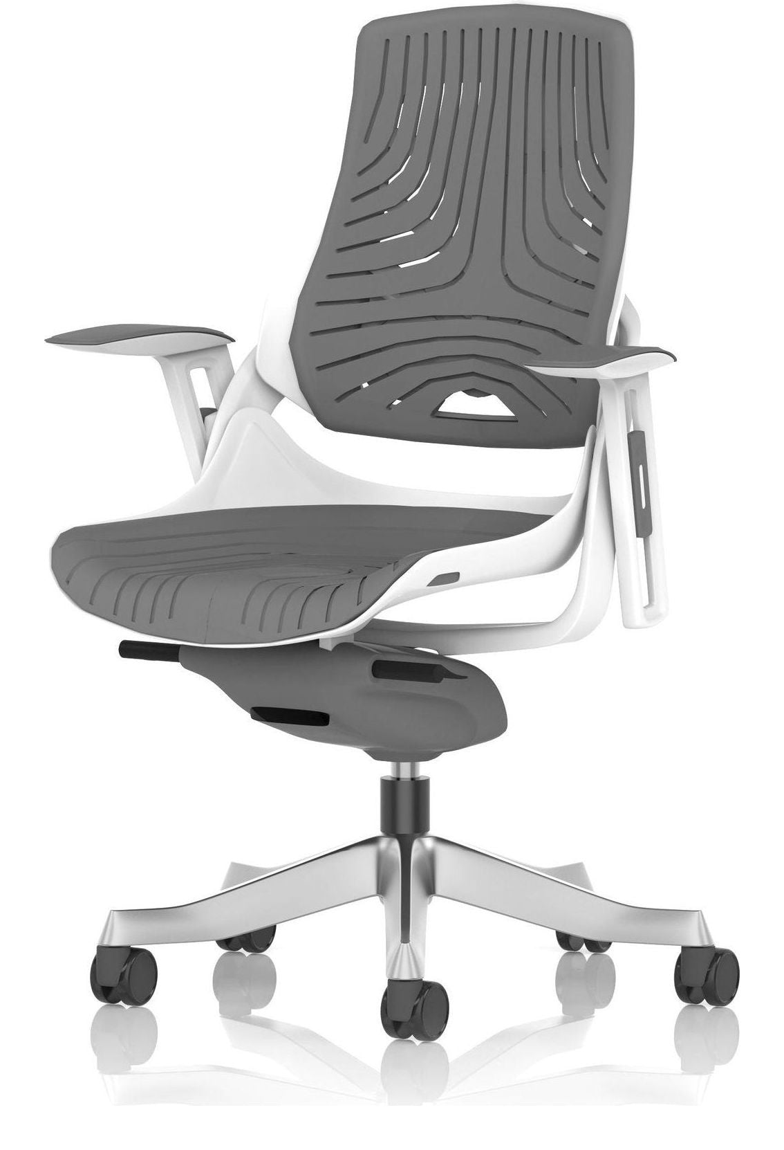 Zure High Back White Shell Elastomer Executive Chair, elastomer gel grey, no headrest, another view 2