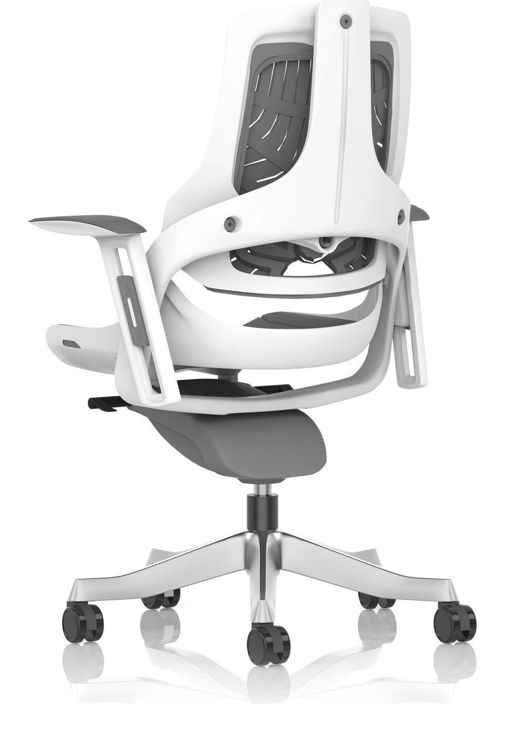 Zure High Back White Shell Elastomer Executive Chair, elastomer gel grey, no headrest, another view 4